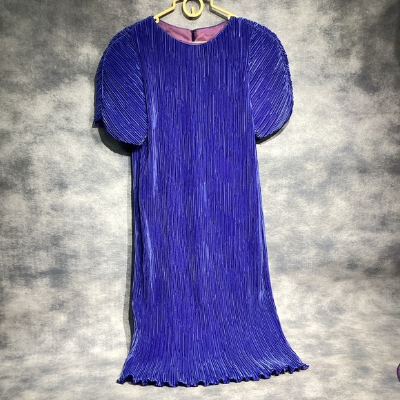 Vintage 1980s Joan Leslie Evenings Royal Blue Fortuny Pleated Cocktail Dress - Picture 1 of 10